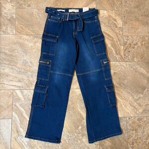 NWT Celebrity Ace Women's Blue Denim Wide‎ Leg Cargo Jeans Size 9 29 Belted